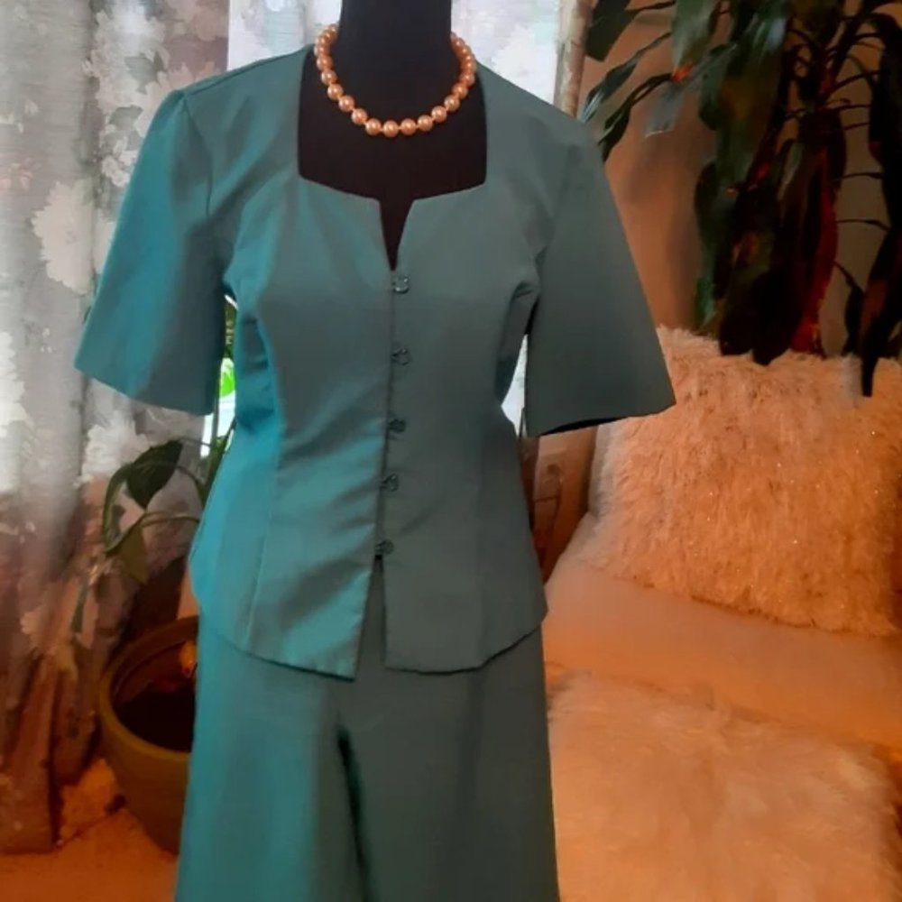 Metrostyle Women's Retro 2 Pc Pants Suit Turquoise Sz 10 #317